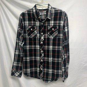 Reclaim Mens Button Front Shirt Black White Plaid Long Sleeve Pockets Cotton M